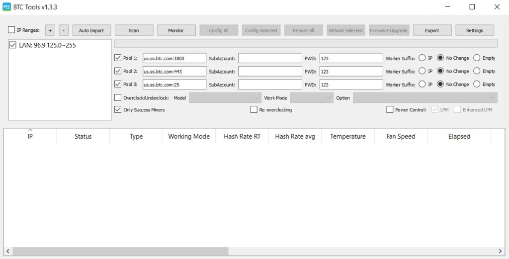 BTC Tools v1.3.3 interface for managing Antminer and ASIC miners in a local network