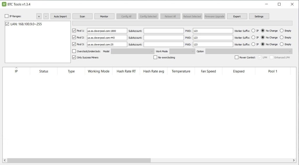 BTC Tools v1.3.4 interface for managing Antminer and ASIC miners in a local network