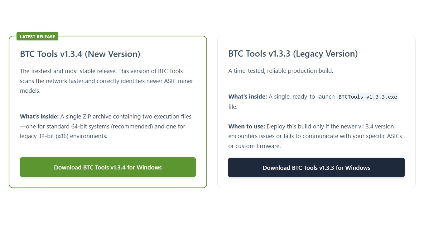 BTC Tools latest release download page with v1.3.4 and v1.3.3 versions