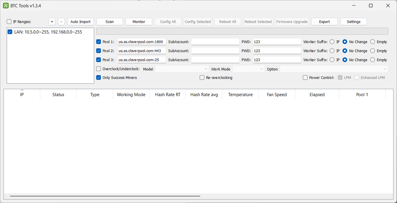 BTC Tools v1.3.4 main window after launch, showing auto-detected LAN range and pool configuration fields