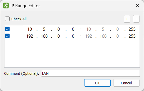 BTC Tools IP Range Editor dialog for adding and labeling network segments