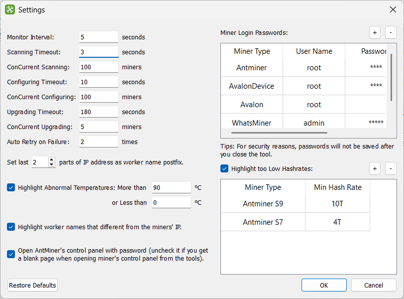 BTC Tools Settings dialog with monitoring intervals, miner login passwords, and hashrate alert thresholds