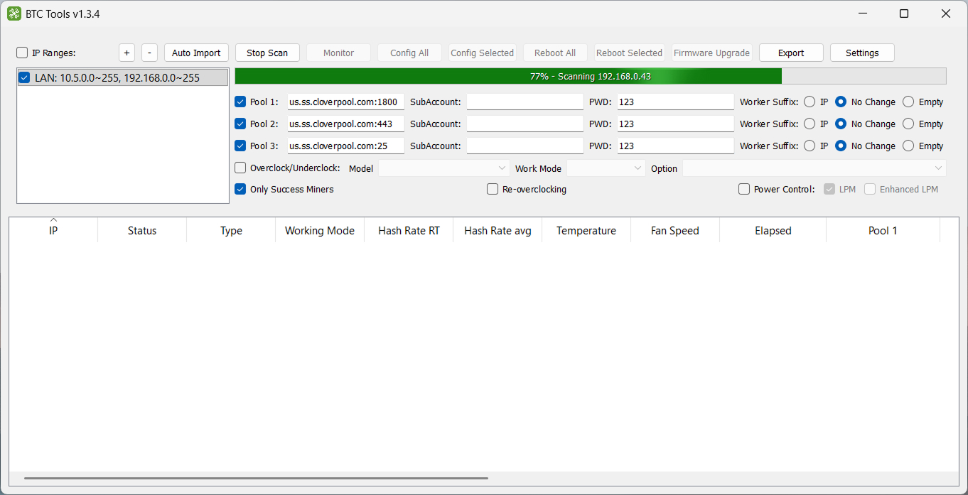 BTC Tools scanning progress bar showing live network scan in progress